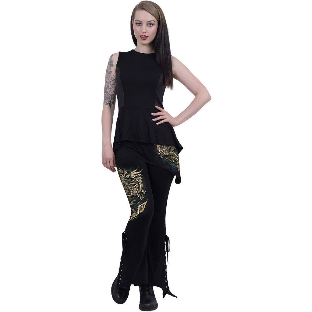 Spiral Ladies Boot Cut Leggings with Micro Skirt: Celtic Dragon (Black) (Back Print)