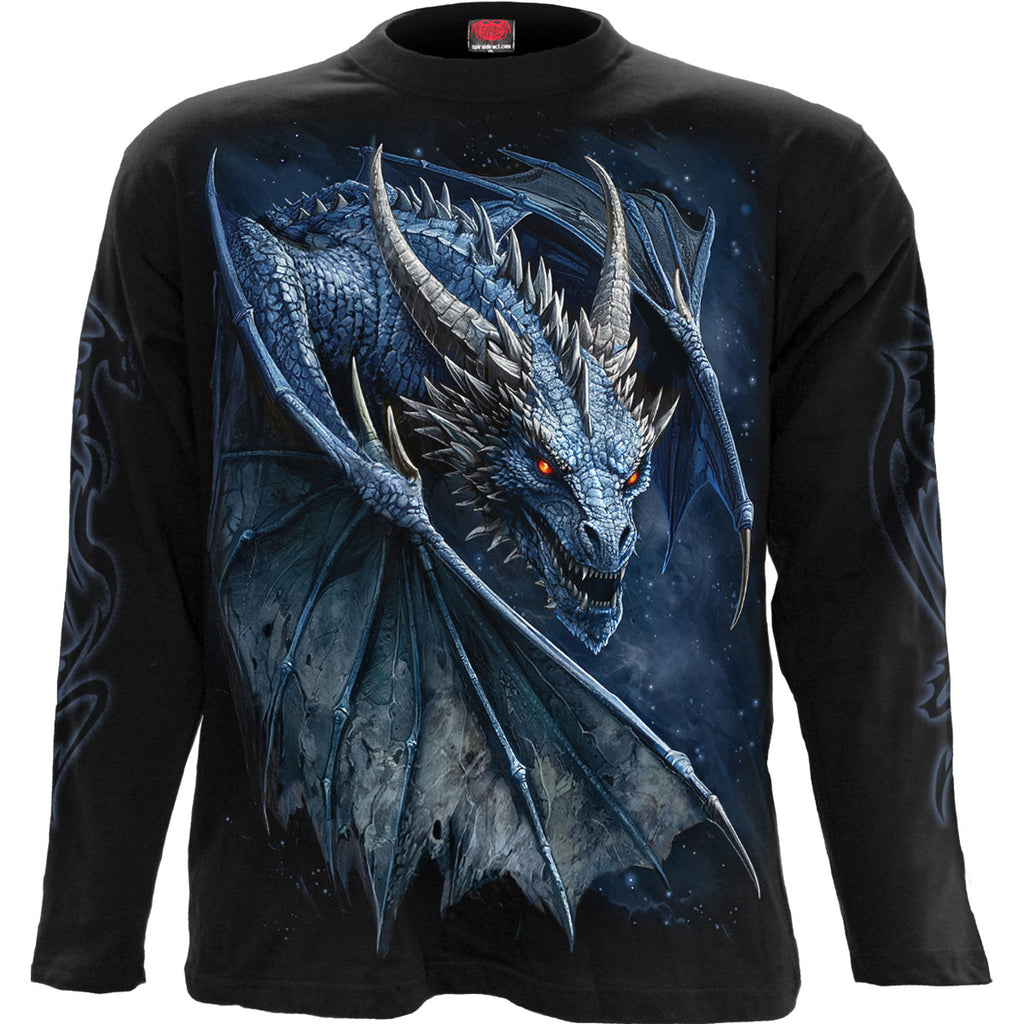 Spiral Unisex Long Sleeve T-Shirt: Storm Dragon (Black) (Back & Sleeve Print)