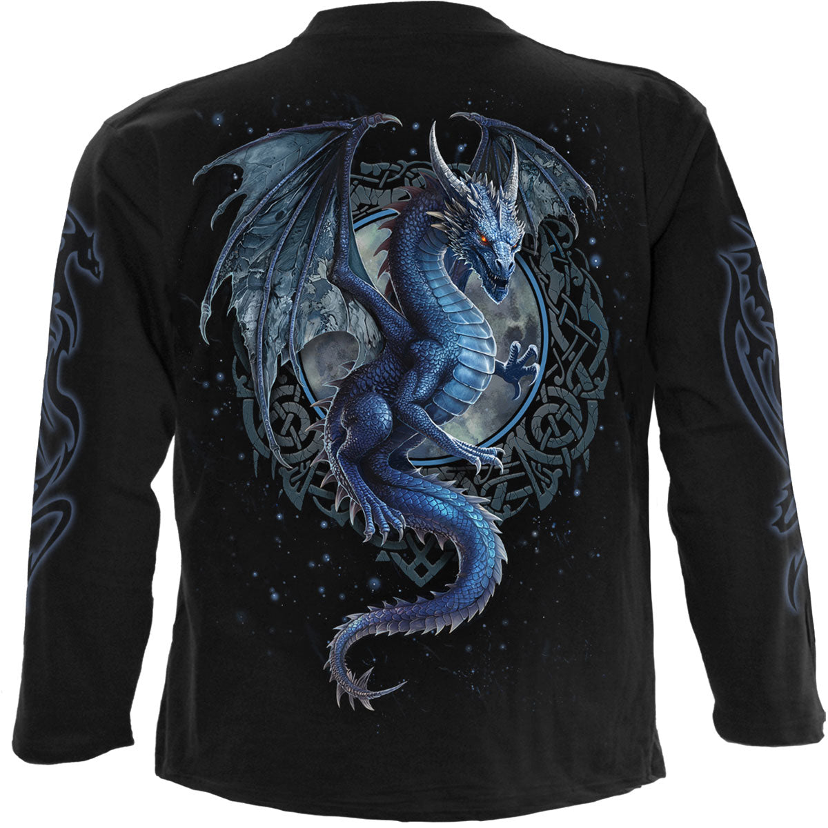 Spiral Unisex Long Sleeve T-Shirt: Storm Dragon (Black) (Back & Sleeve Print)
