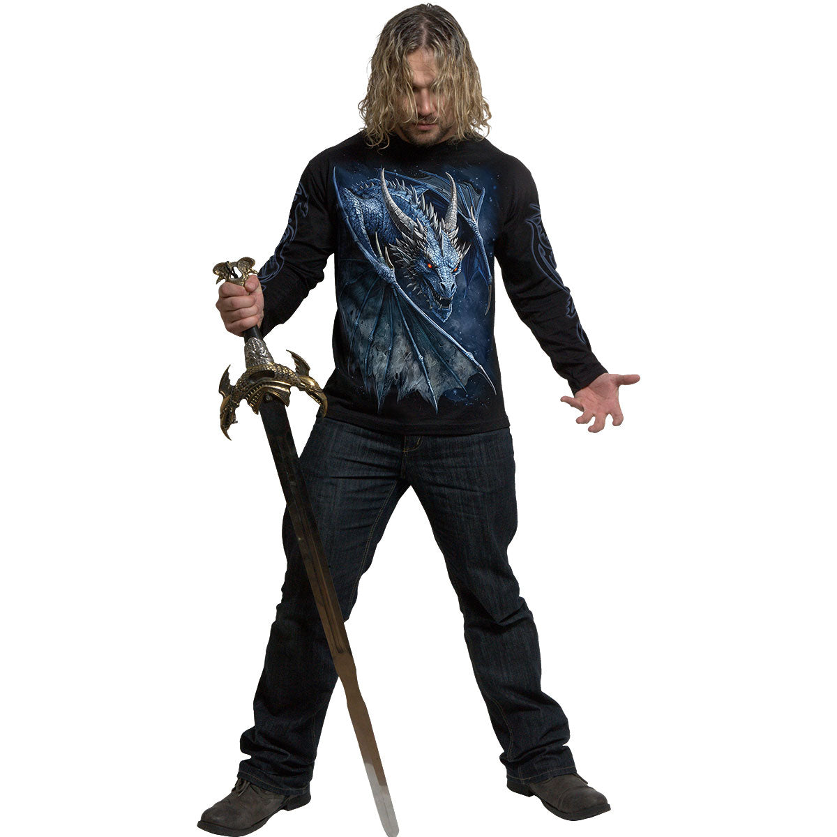 Spiral Unisex Long Sleeve T-Shirt: Storm Dragon (Black) (Back & Sleeve Print)