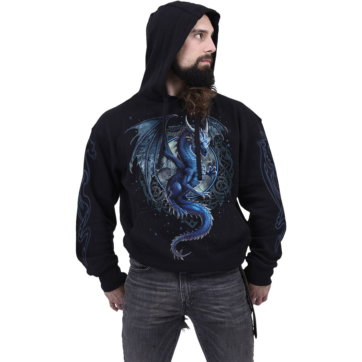 Spiral Unisex Pullover Hoodie: Storm Dragon (Black) (Back & Sleeve Print)