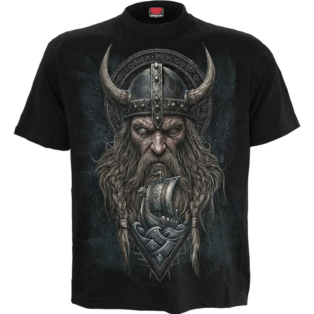 Spiral Unisex T-Shirt: Viking Norseman (Black) (Back Print)