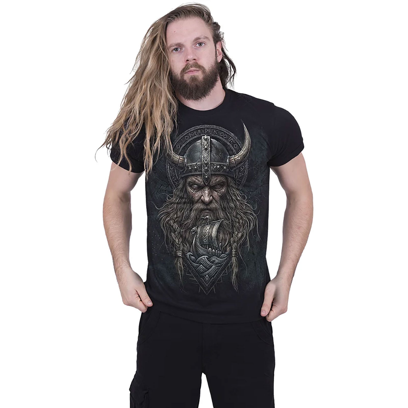 Spiral Unisex T-Shirt: Viking Norseman (Black) (Back Print)