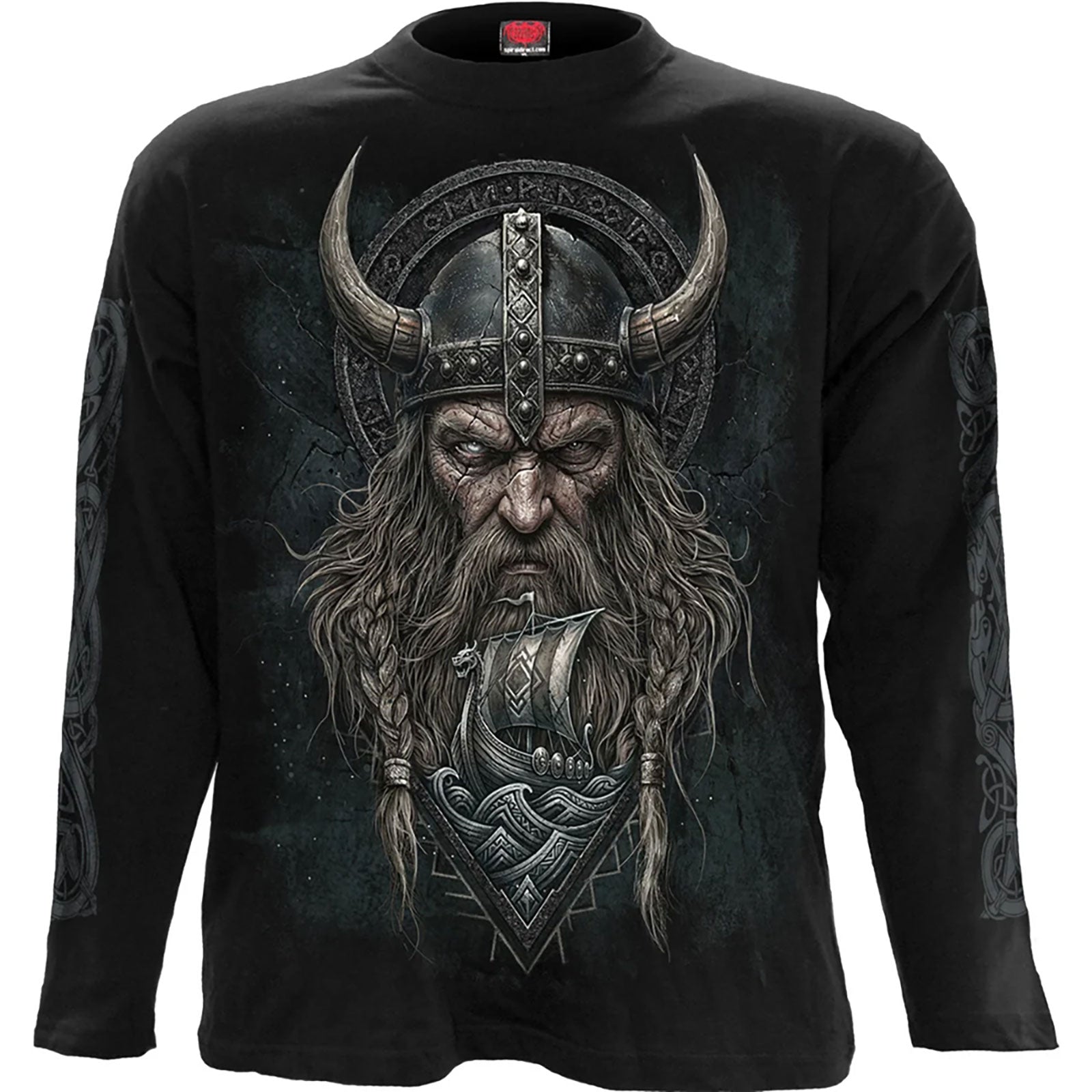 Spiral Unisex Long Sleeve T-Shirt: Viking Norseman (Black) (Back & Sleeve Print)