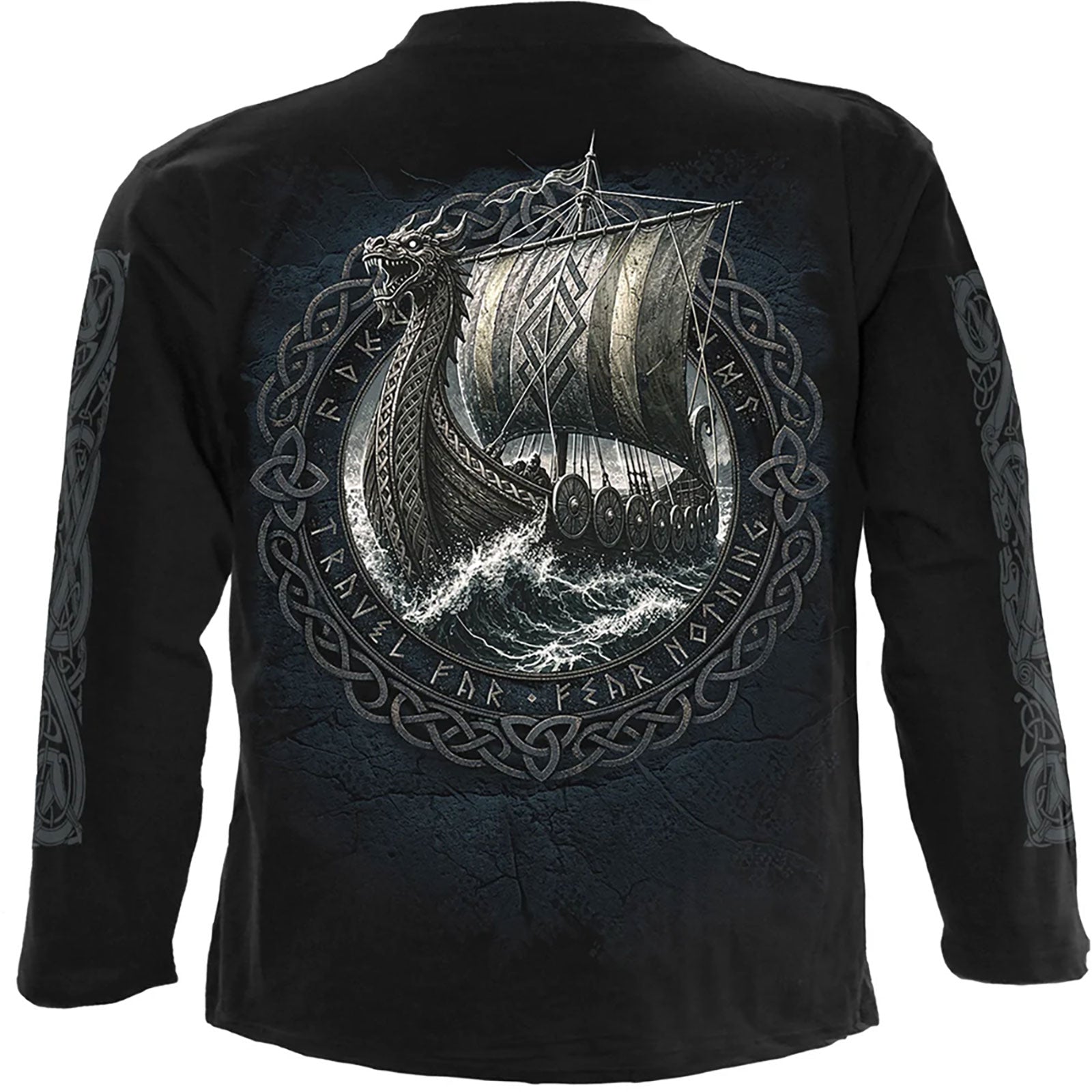 Spiral Unisex Long Sleeve T-Shirt: Viking Norseman (Black) (Back & Sleeve Print)