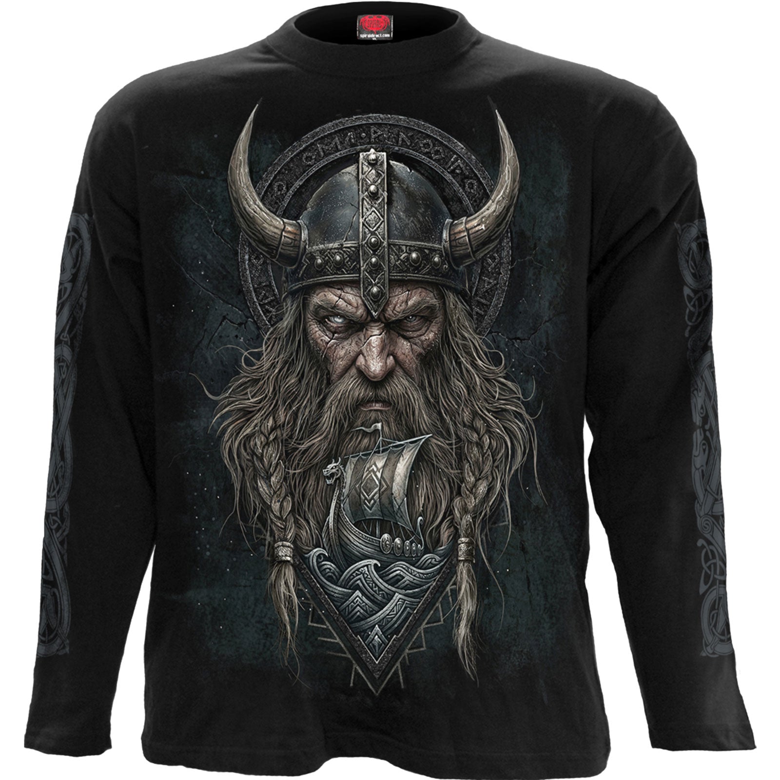 Spiral Unisex Long Sleeve T-Shirt: Viking Norseman (Black) (Back & Sleeve Print)