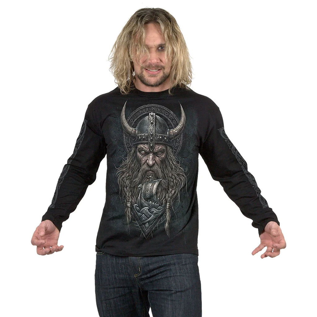 Spiral Unisex Long Sleeve T-Shirt: Viking Norseman (Black) (Back & Sleeve Print)