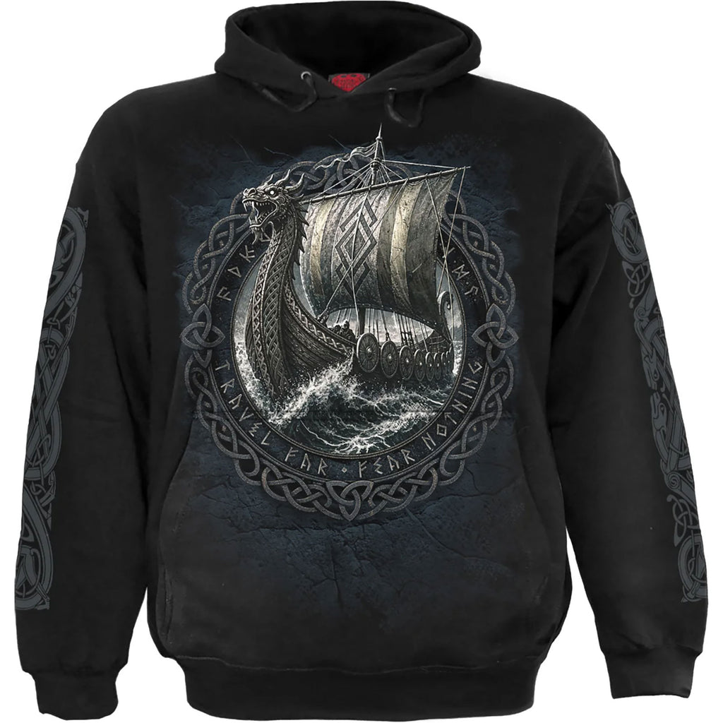 Spiral Unisex Pullover Hoodie: Viking Norseman (Black) (Back & Sleeve Print)