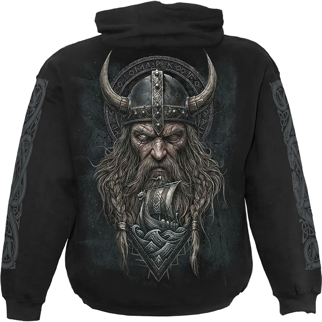 Spiral Unisex Pullover Hoodie: Viking Norseman (Black) (Back & Sleeve Print)