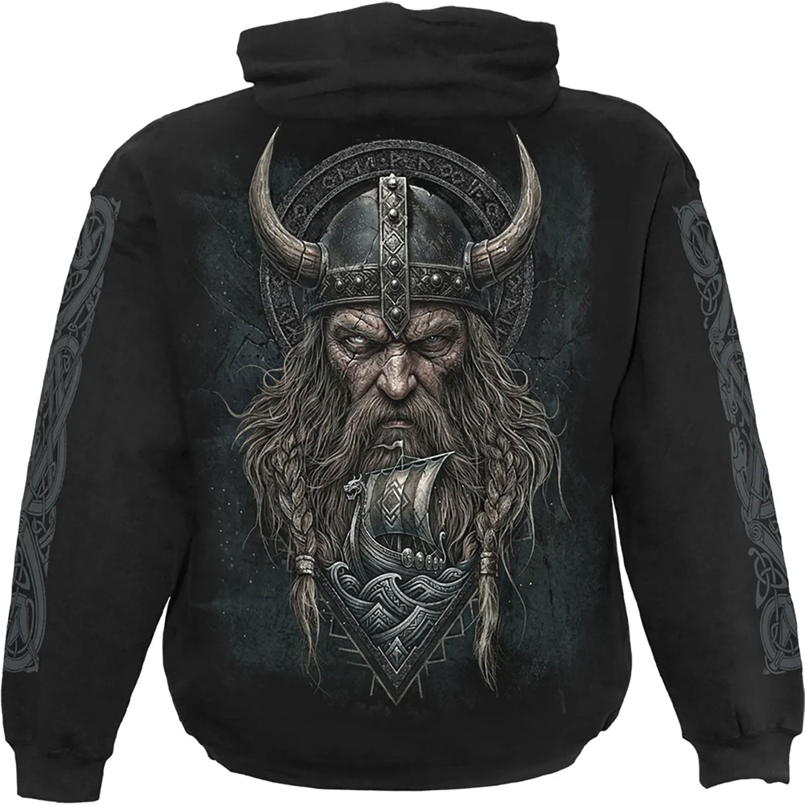 Spiral Unisex Pullover Hoodie: Viking Norseman (Black) (Back & Sleeve Print)