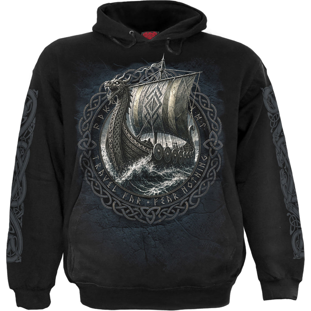 Spiral Unisex Pullover Hoodie: Viking Norseman (Black) (Back & Sleeve Print)