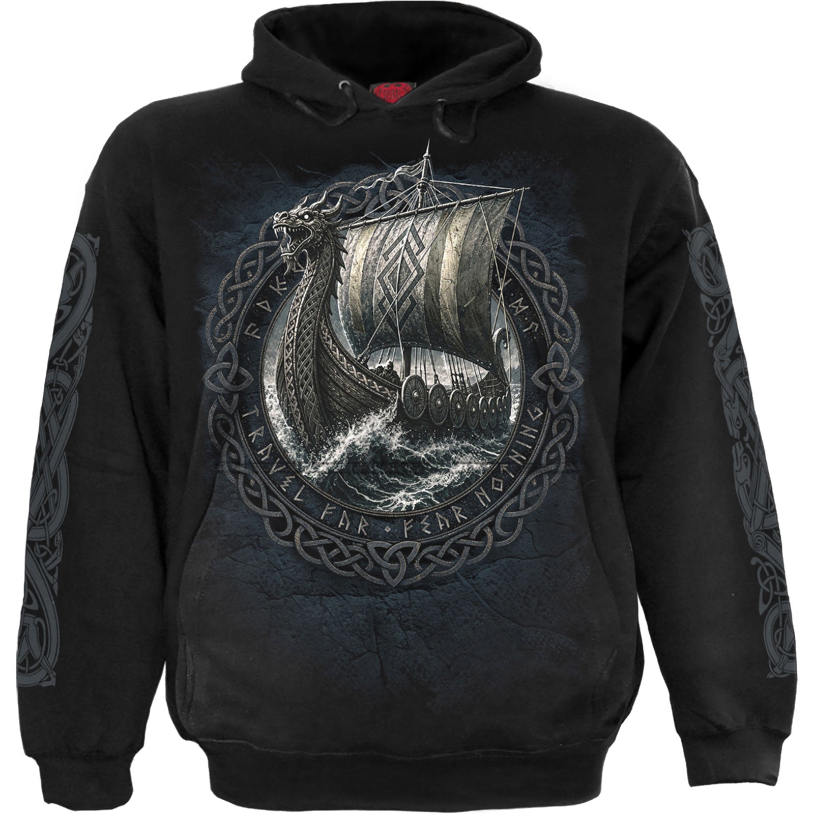 Spiral Unisex Pullover Hoodie: Viking Norseman (Black) (Back & Sleeve Print)
