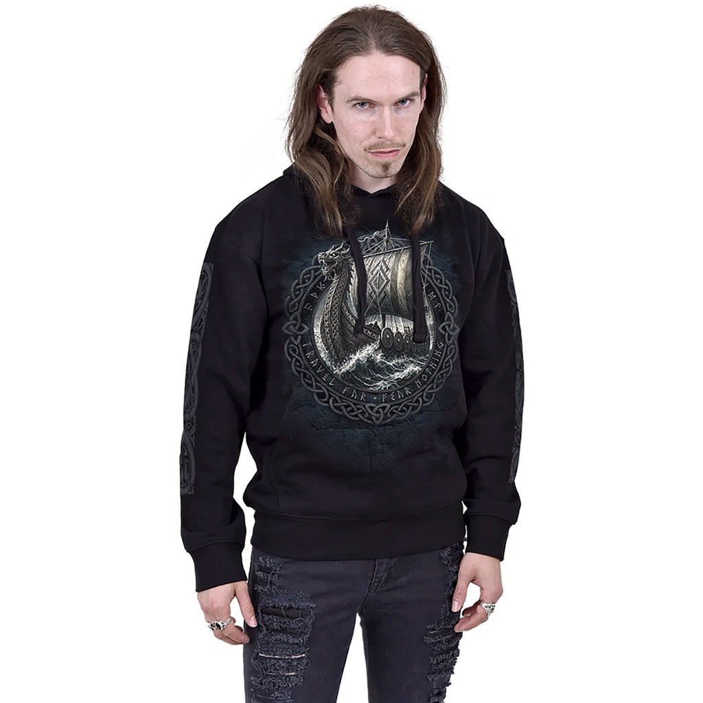 Spiral Unisex Pullover Hoodie: Viking Norseman (Black) (Back & Sleeve Print)