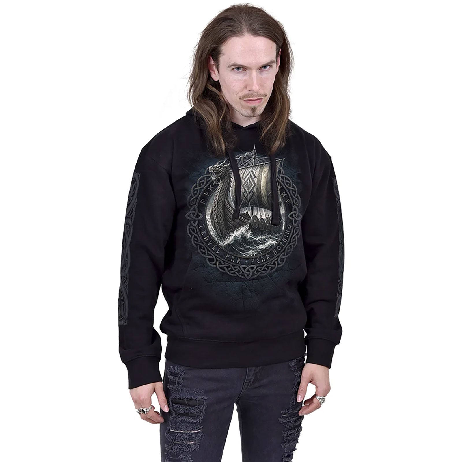 Spiral Unisex Pullover Hoodie: Viking Norseman (Black) (Back & Sleeve Print)