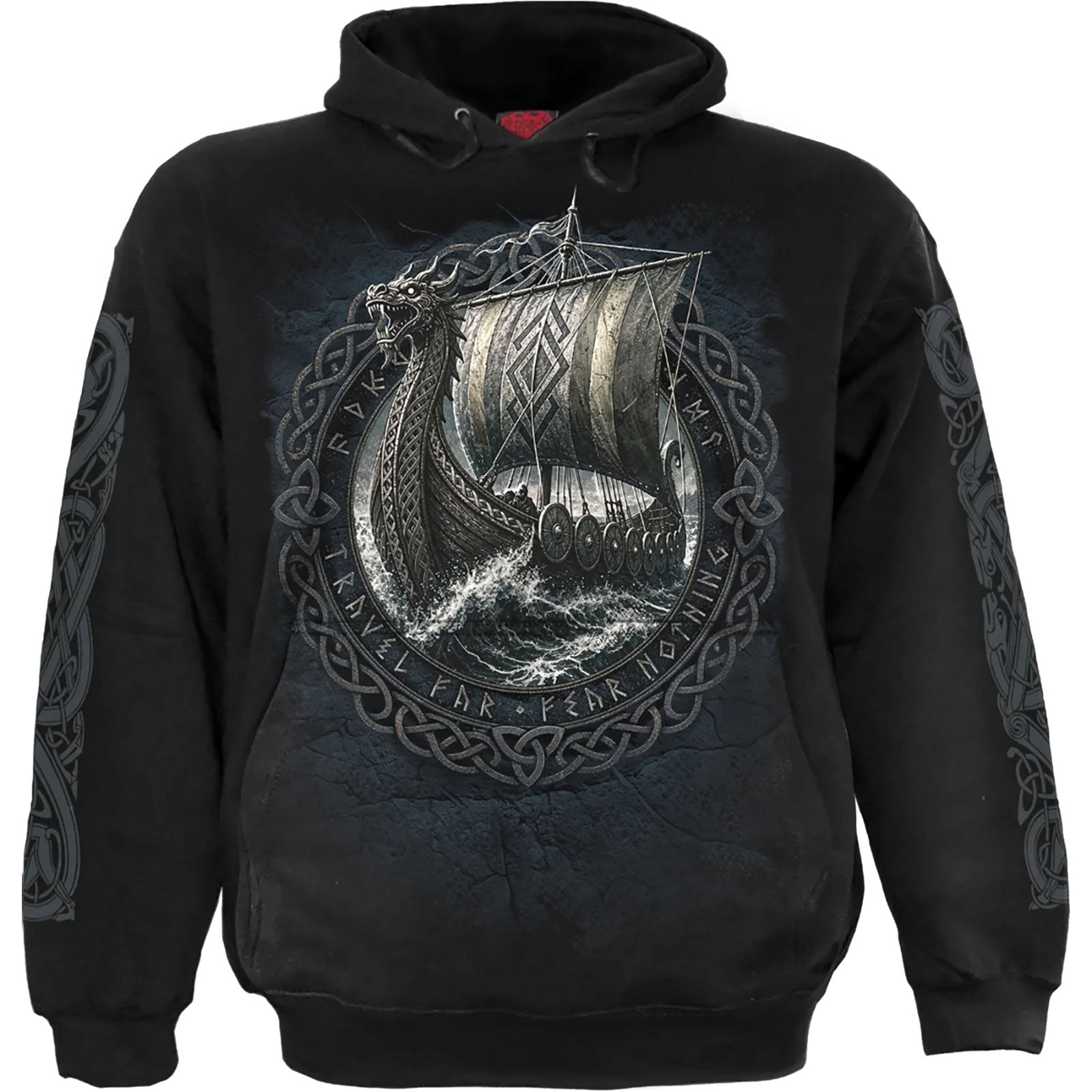 Spiral Unisex Pullover Hoodie: Viking Norseman (Black) (Back & Sleeve Print)