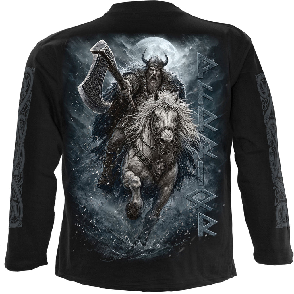Spiral Unisex Long Sleeve T-Shirt: Viking Rampage (Black) (Back & Sleeve Print)