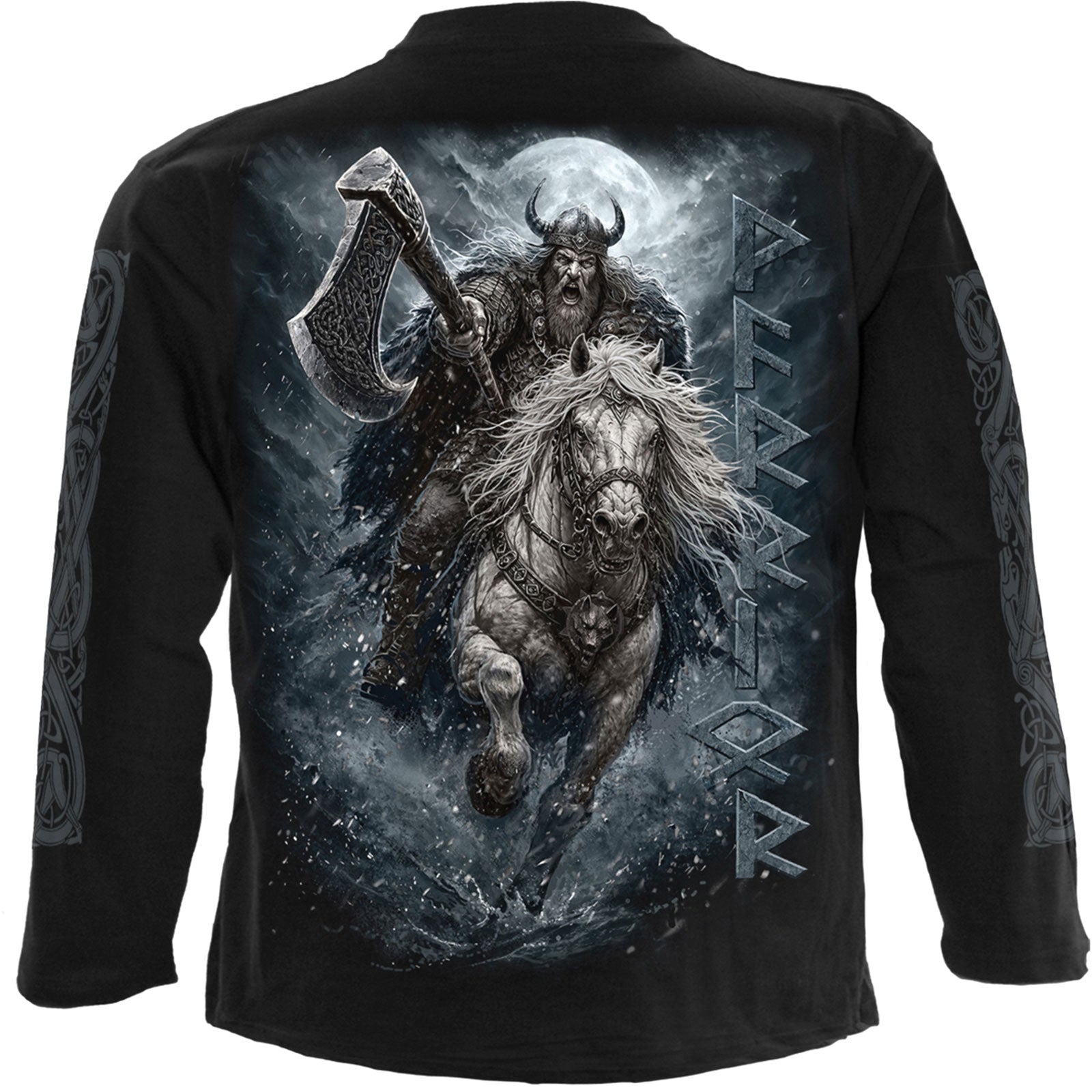 Spiral Unisex Long Sleeve T-Shirt: Viking Rampage (Black) (Back & Sleeve Print)