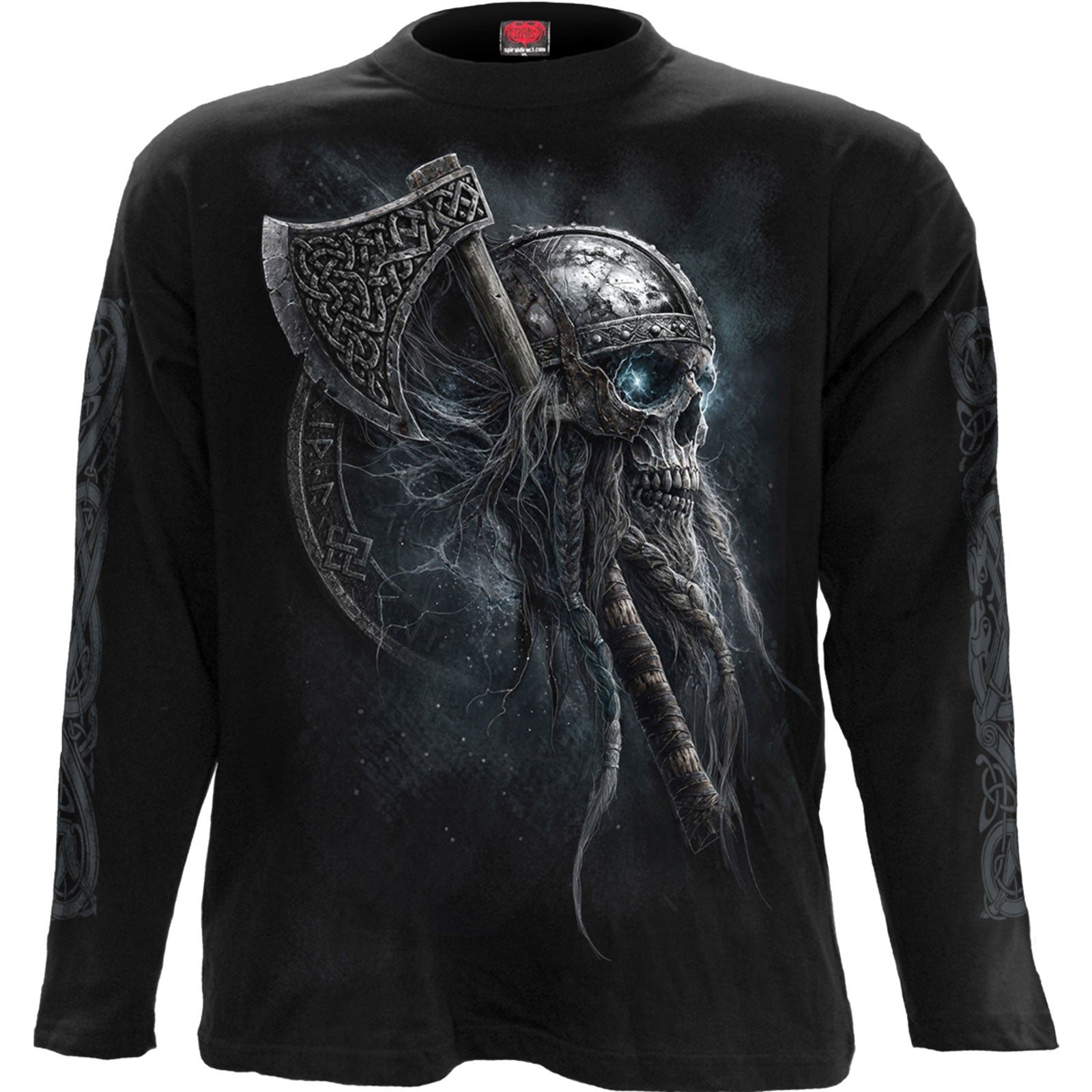 Spiral Unisex Long Sleeve T-Shirt: Viking Rampage (Black) (Back & Sleeve Print)