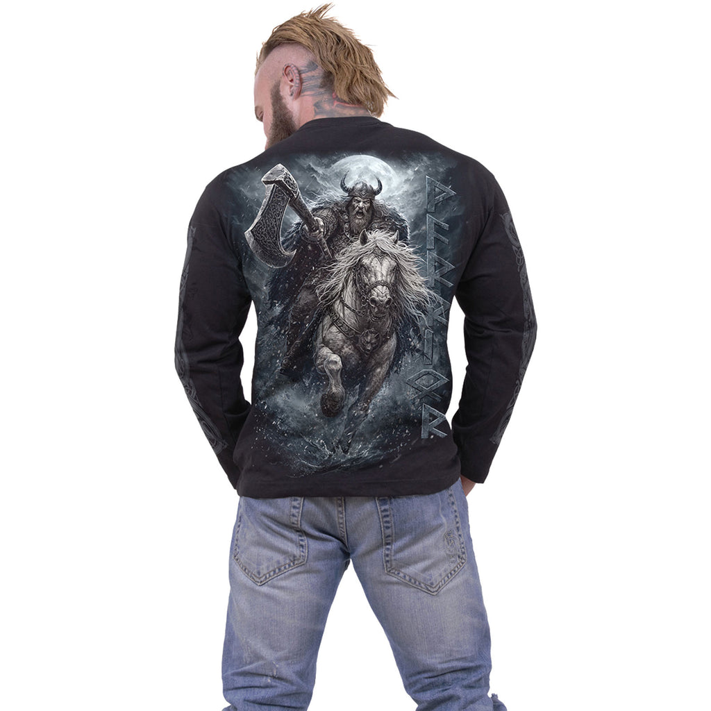 Spiral Unisex Long Sleeve T-Shirt: Viking Rampage (Black) (Back & Sleeve Print)