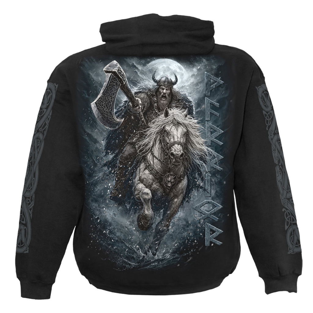 Spiral Unisex Pullover Hoodie: Viking Rampage (Black) (Back & Sleeve Print)