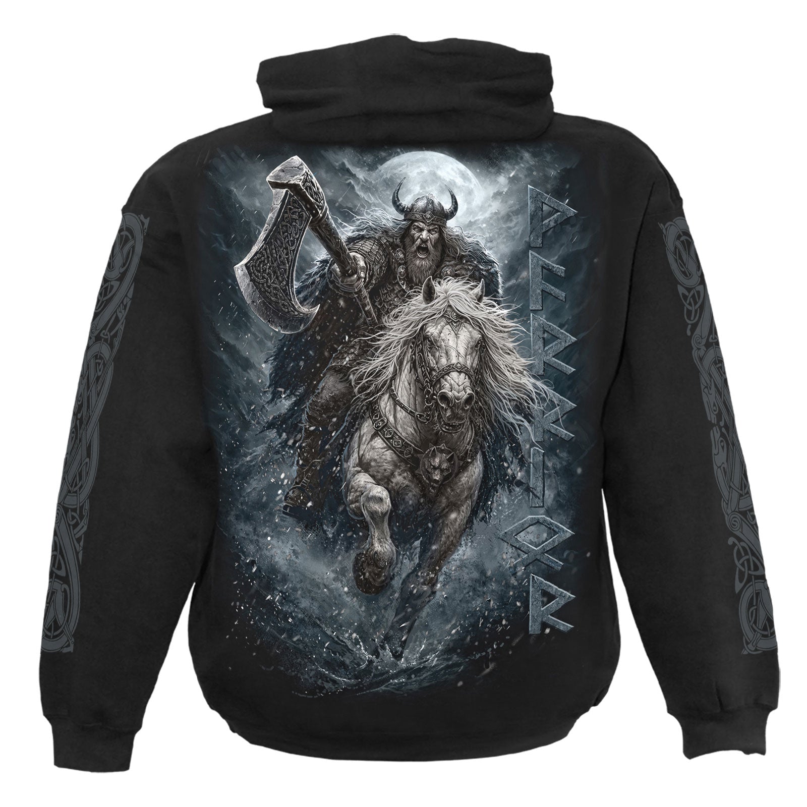 Spiral Unisex Pullover Hoodie: Viking Rampage (Black) (Back & Sleeve Print)