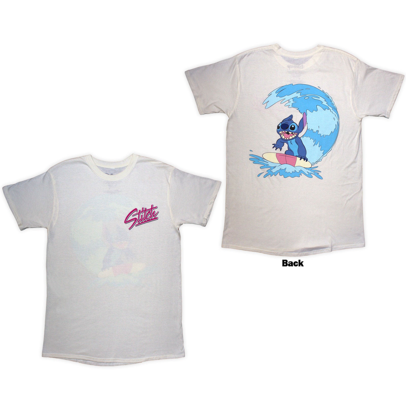 Disney Unisex T-Shirt: Stitch Surf (Natural) (Back Print)