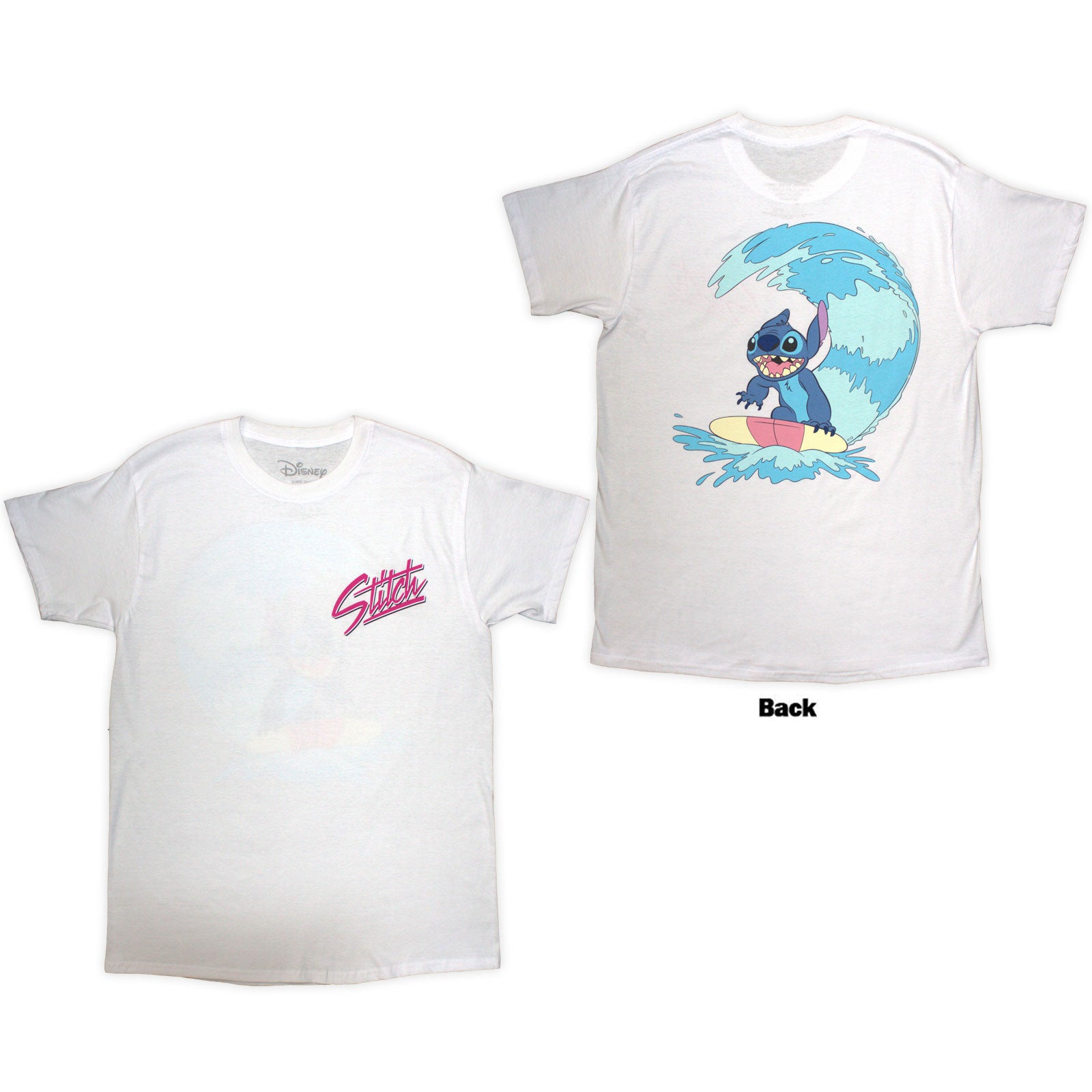 Disney Unisex T-Shirt: Stitch Surf (White) (Back Print)