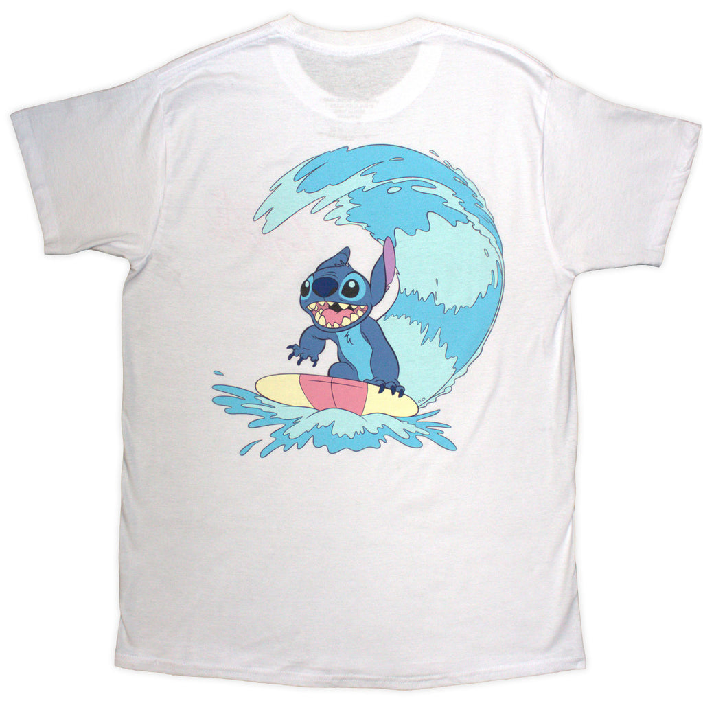Disney Unisex T-Shirt: Stitch Surf (White) (Back Print)