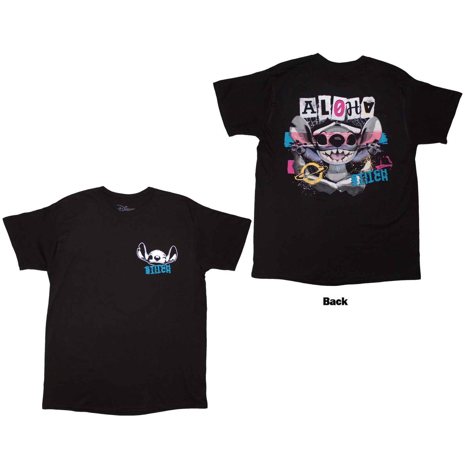 Disney Unisex T-Shirt: Stitch Aloha Collage (Black) (Back Print)
