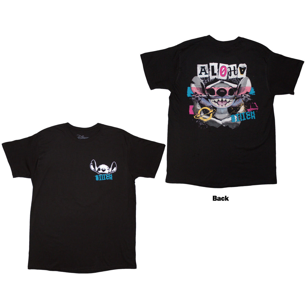 Disney Unisex T-Shirt: Stitch Aloha Collage (Black) (Back Print)