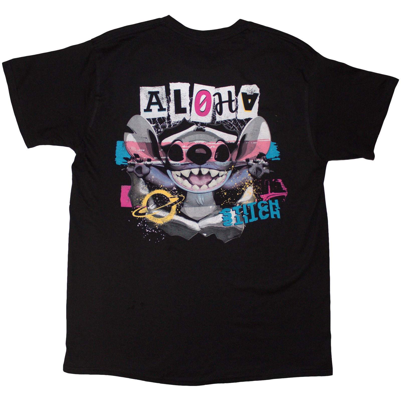 Disney Unisex T-Shirt: Stitch Aloha Collage (Black) (Back Print)