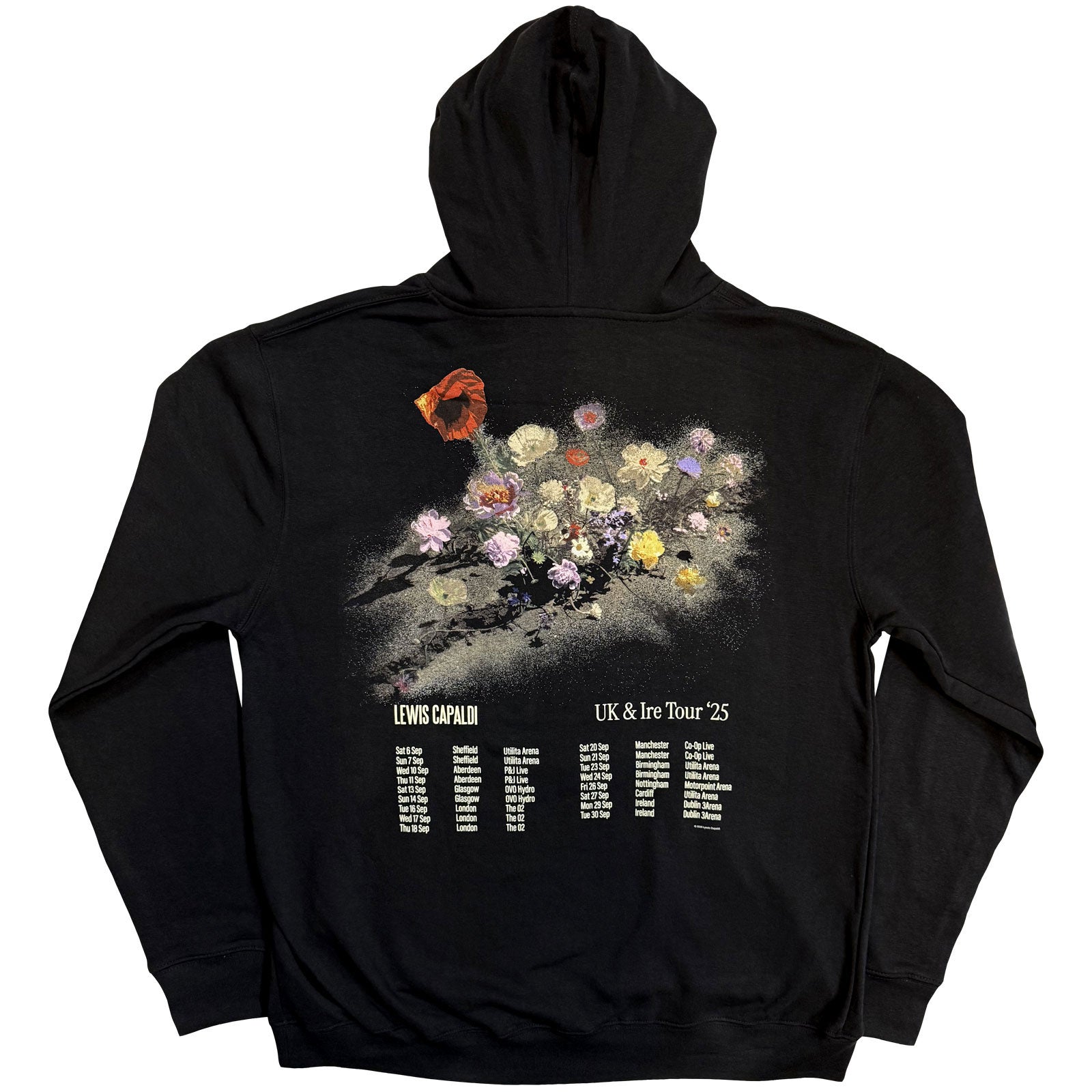 Lewis Capaldi Unisex Pullover Hoodie: Flowers UK Tour '25 (Black) (Back Print) (Ex-Tour)