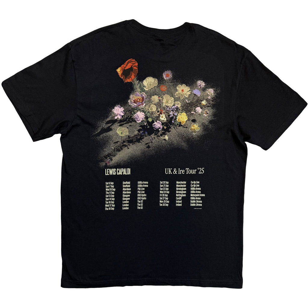 Lewis Capaldi Unisex T-Shirt: Flowers UK Tour '25 (Black) (Back Print) (Ex-Tour)