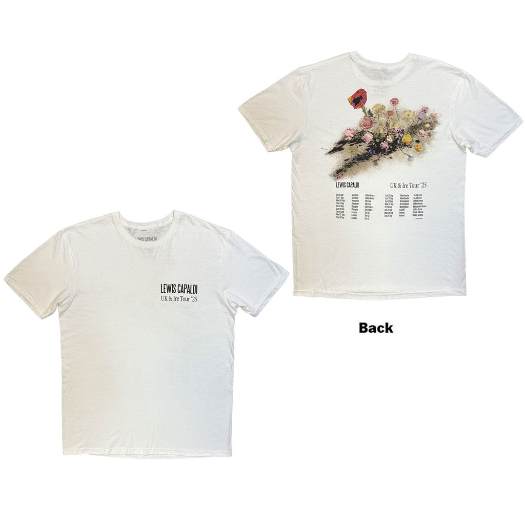 Lewis Capaldi Unisex T-Shirt: Flowers UK Tour '25 (White) (Back Print) (Ex-Tour)