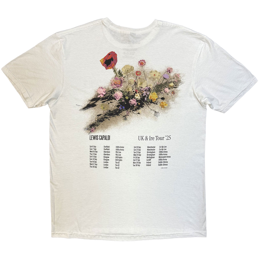 Lewis Capaldi Unisex T-Shirt: Flowers UK Tour '25 (White) (Back Print) (Ex-Tour)