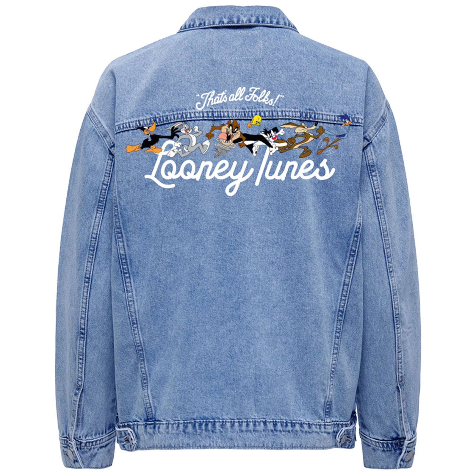 Looney Tunes Unisex Denim Jacket: That's All Folks Characters (Denim Blue) (Back Only)
