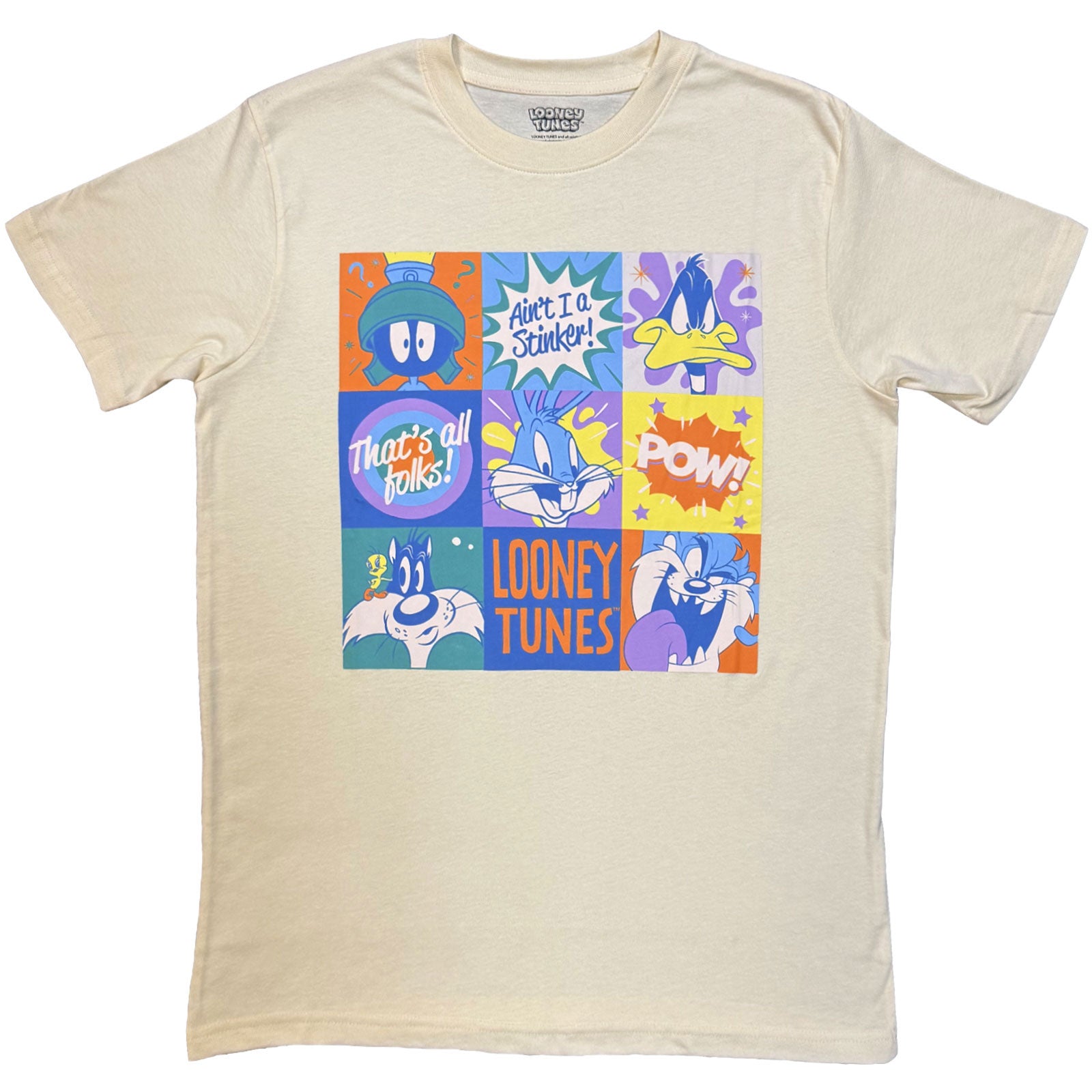 Looney Tunes Unisex T-Shirt: That's All Folks! Grid Pastel (Natural)