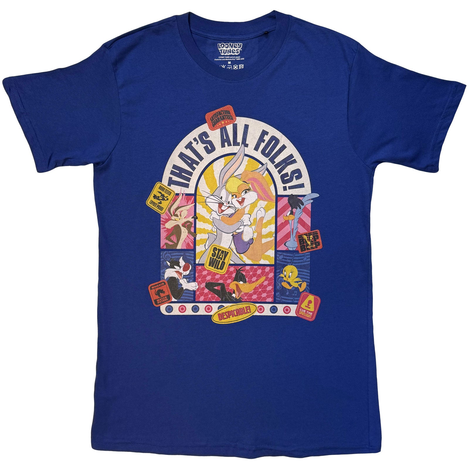 Looney Tunes Unisex T-Shirt: That's All Folks Cartoon Stamps (Navy Blue)