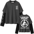 Linkin Park Unisex 2 In 1 Layered Long Sleeve T-Shirt: Unshatter (Charcoal Grey & Black) (Back Print & Sleeve Print)