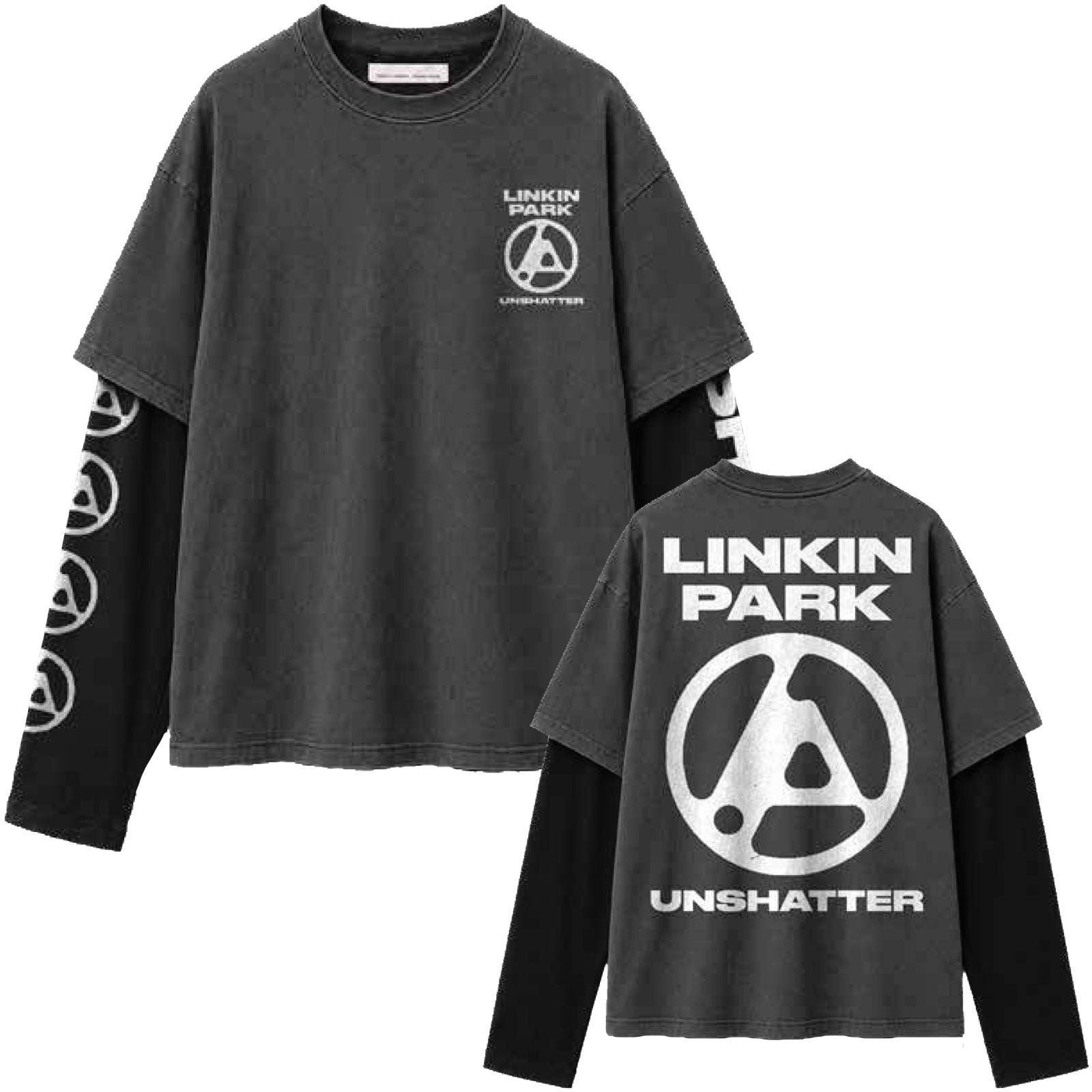 Linkin Park Unisex 2 In 1 Layered Long Sleeve T-Shirt: Unshatter (Charcoal Grey & Black) (Back Print & Sleeve Print)
