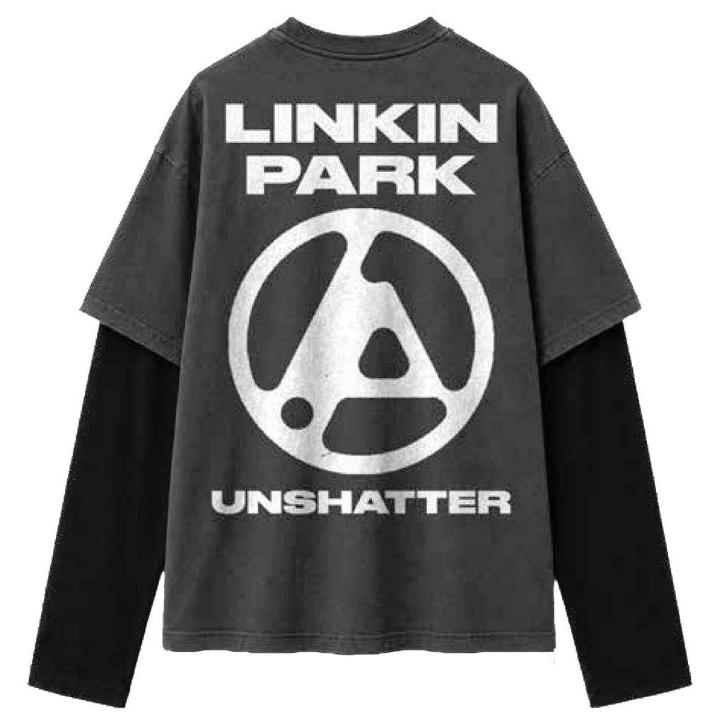 Linkin Park Unisex 2 In 1 Layered Long Sleeve T-Shirt: Unshatter (Charcoal Grey & Black) (Back Print & Sleeve Print)