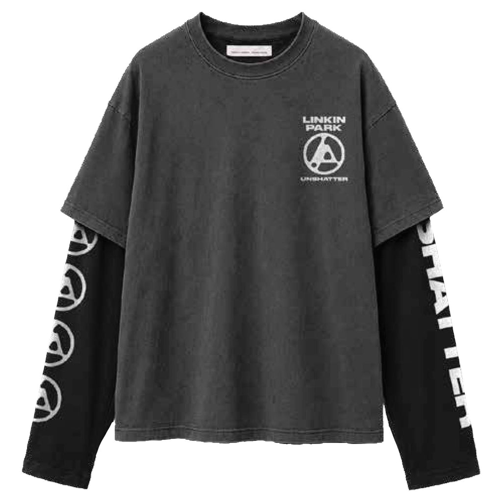 Linkin Park Unisex 2 In 1 Layered Long Sleeve T-Shirt: Unshatter (Charcoal Grey & Black) (Back Print & Sleeve Print)