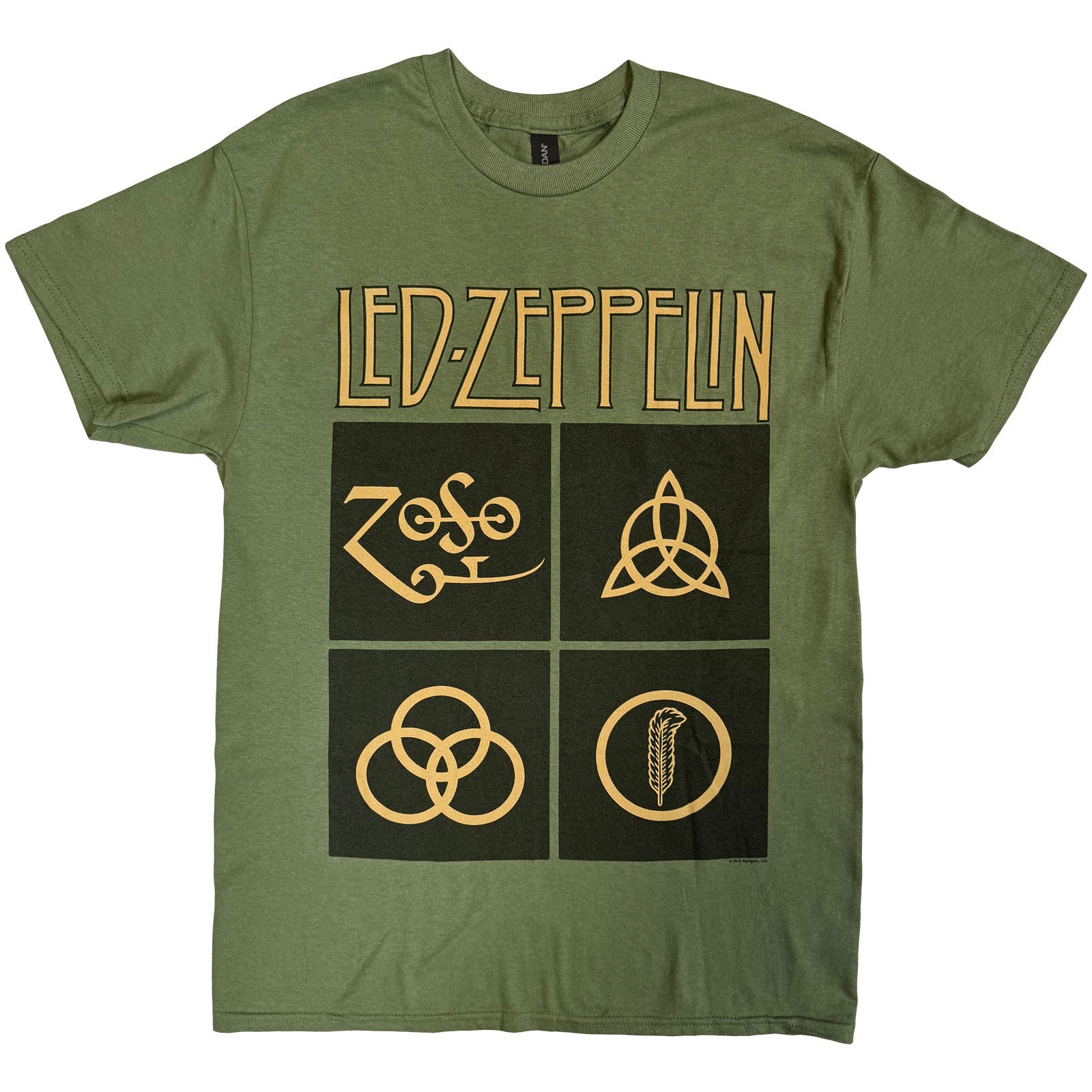 Led Zeppelin Unisex T-Shirt: Gold Symbols in Black Square (Green)