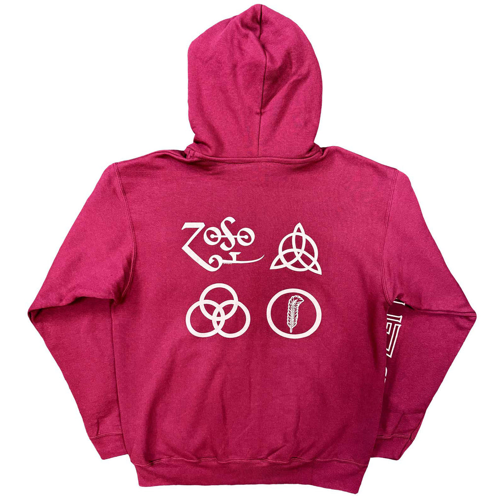 Led Zeppelin Unisex Zipped Hoodie: Symbols (Maroon Red) (Back Print)