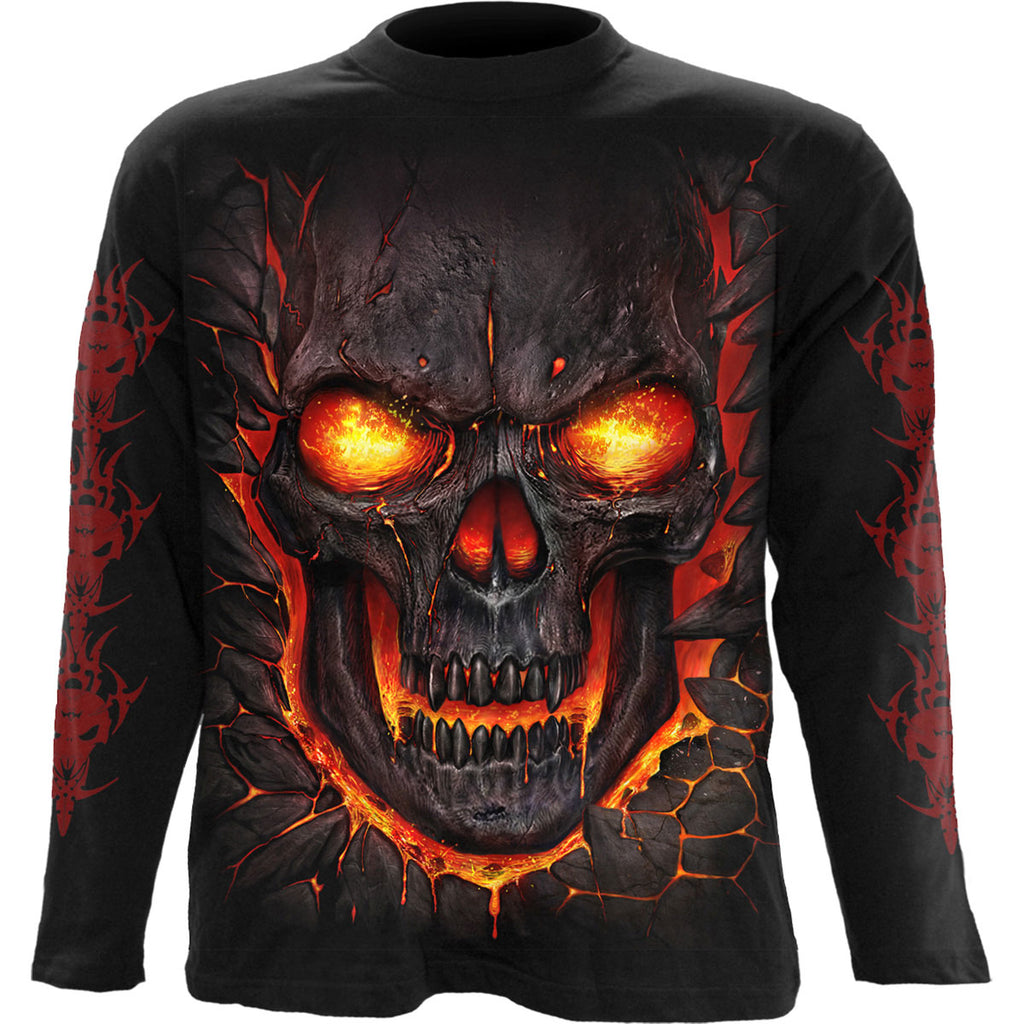 Spiral Unisex Long Sleeve T-Shirt: Skull Lava (Black) (Back & Sleeve Print)
