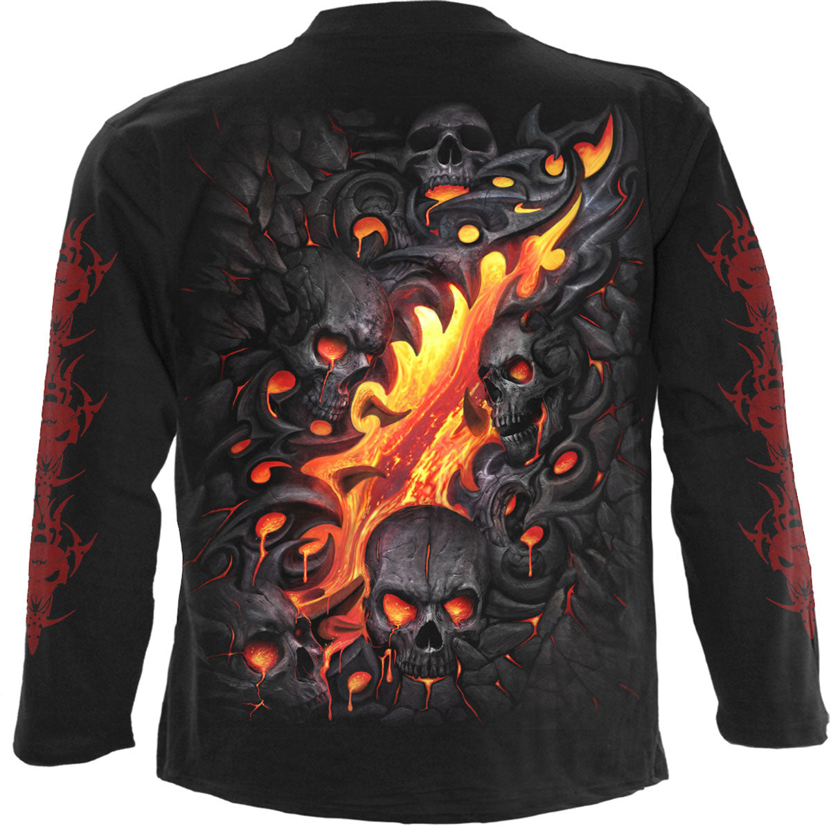 Spiral Unisex Long Sleeve T-Shirt: Skull Lava (Black) (Back & Sleeve Print)