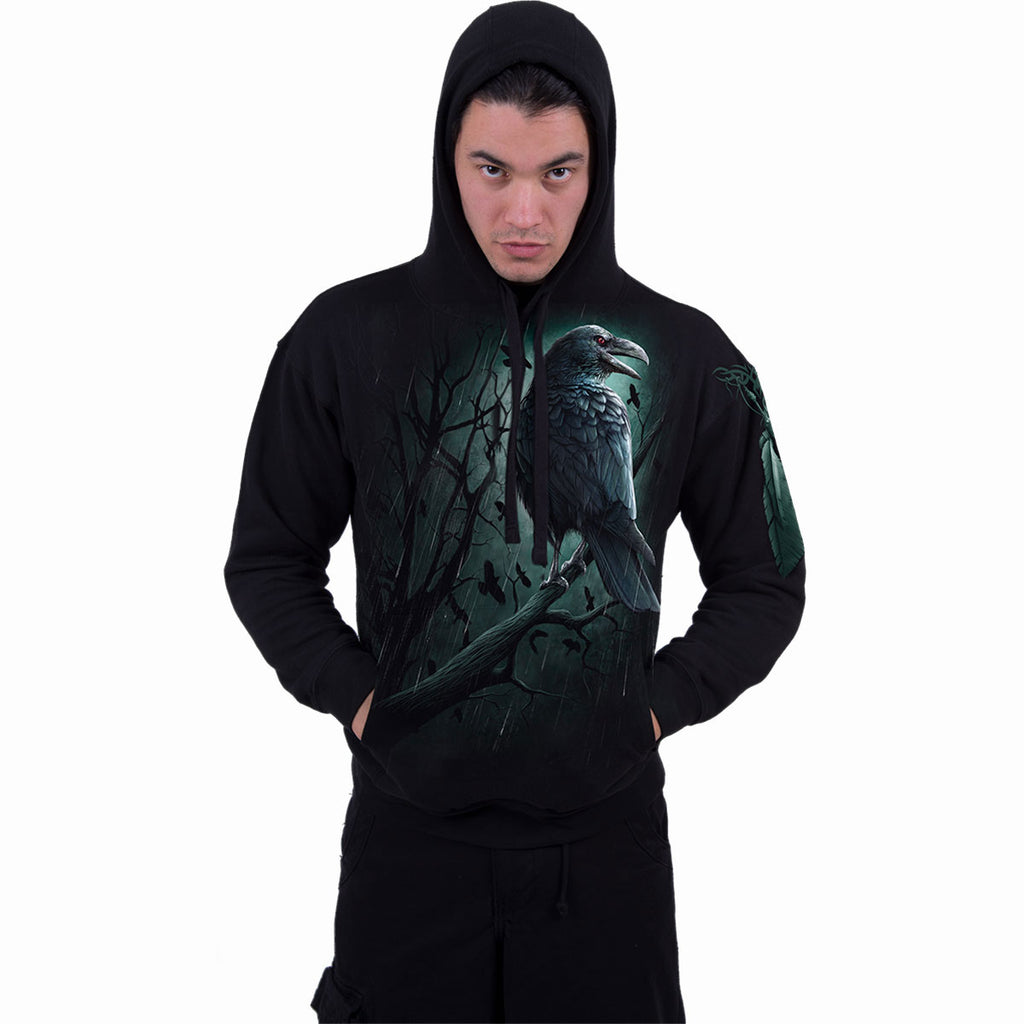 Spiral Unisex Pullover Hoodie: Shadow Raven (Black) (Back & Sleeve Print)