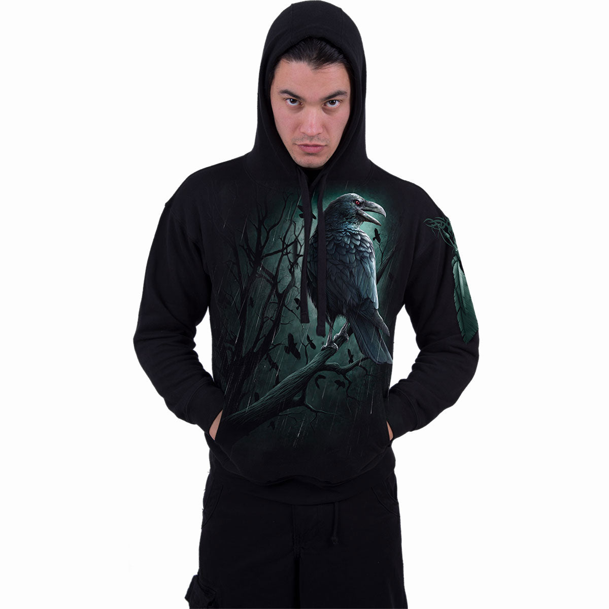 Spiral Unisex Pullover Hoodie: Shadow Raven (Black) (Back & Sleeve Print)