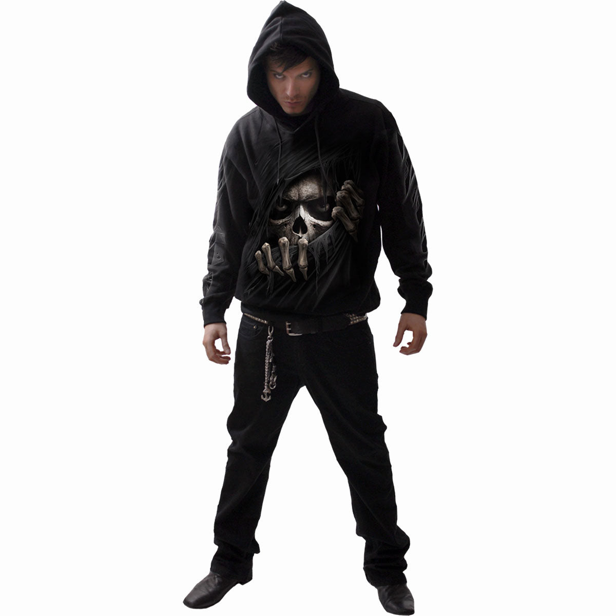 Spiral Unisex Pullover Hoodie: Grim Ripper (Black) (Back & Sleeve Print)