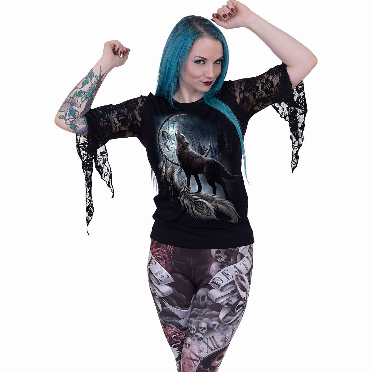Spiral Ladies Rose Lace Sleeve Top: From Darkness (Black)